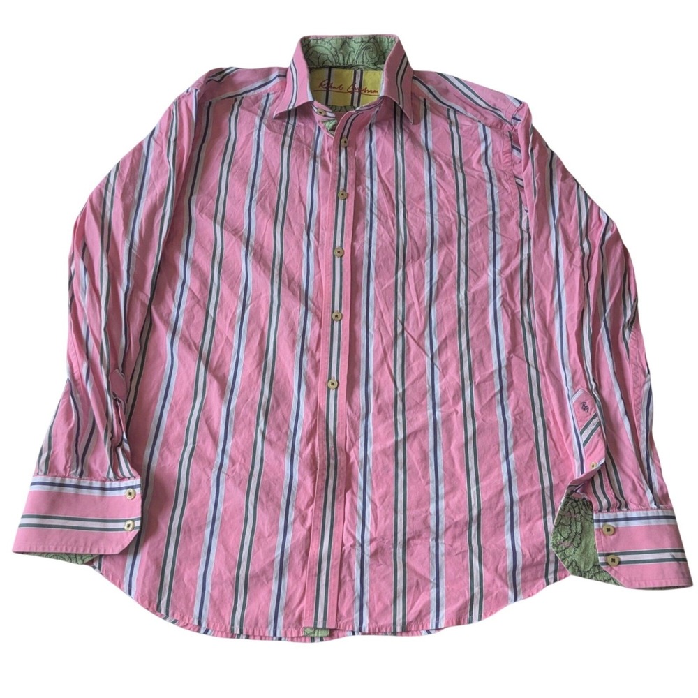 Robert Graham Mens XL Pink Striped‎ Long Sleeve Button Down Shirt Paisley Cuffs